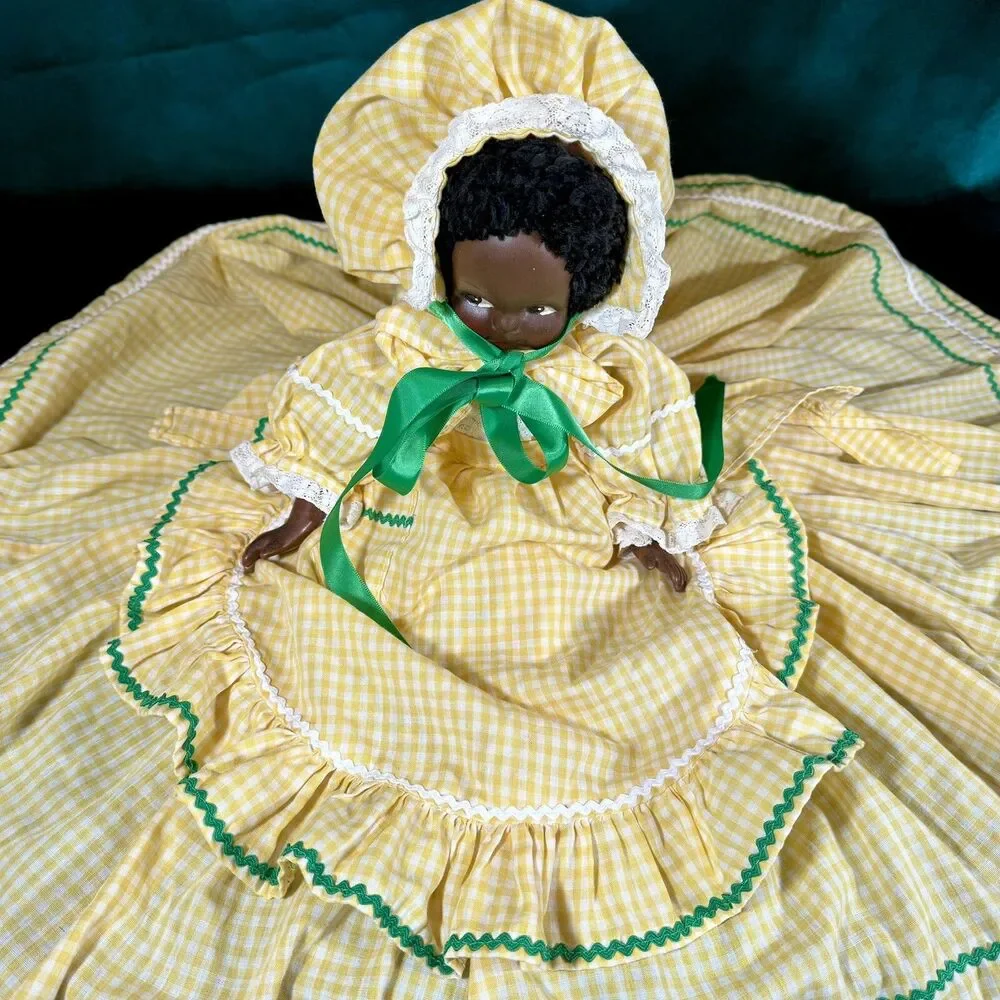 Vintage Handmade African American Doll Folk Art Decor Gingham Yellow Dress